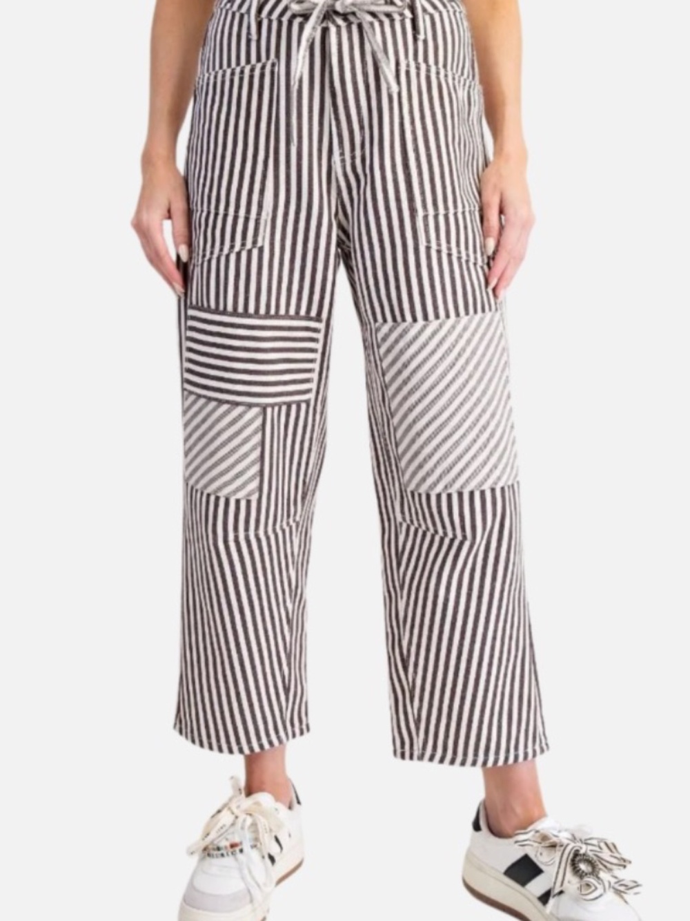 NEW EASEL PAPERBAG PANTS STRIPED TWILL CARGO RELAXED FIT DRAWSTRING HIGH RISE - Picture 4 of 7